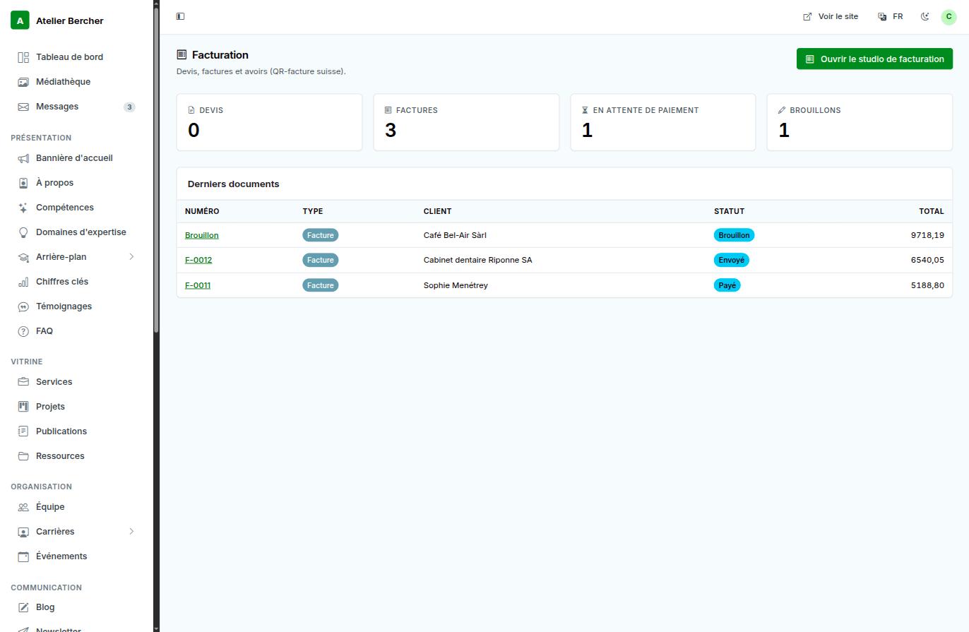 The invoicing screen: counters for quotes, invoices, awaiting payment and drafts, then the latest documents with their status.